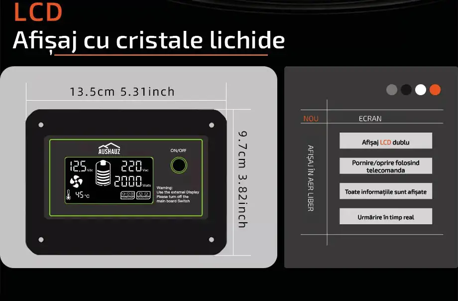 invertor 12-220 2500W - Afișaj cu cristale lichide, Afișaj LCD dublu, Pornire/oprire folosind telecomanda, Toate informațiile sunt afișate, Urmărire în timp real
